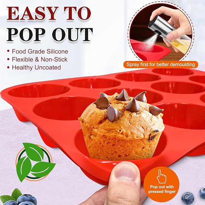 Walfos Silicone Muffin Pan - 12 Cups Regular Silicone Cupcake Pan, Non-stick Great for Making Muffin Cakes, Tart, Bread - BPA Free and Dishwasher Safe