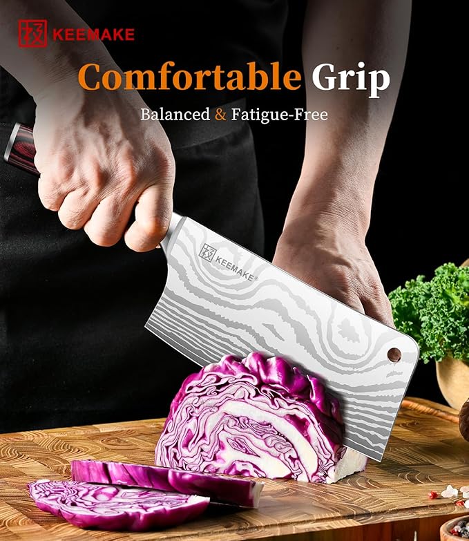 KEEMAKE Meat Cleaver Knife 7-Inch Razor Sharp High Carbon Steel Kitchen Knife, Butcher Knife Perfect for Chopping Meat & Veggies, Pakkawood Handle Ideal for Home & Professional Chefs, W/Sheath