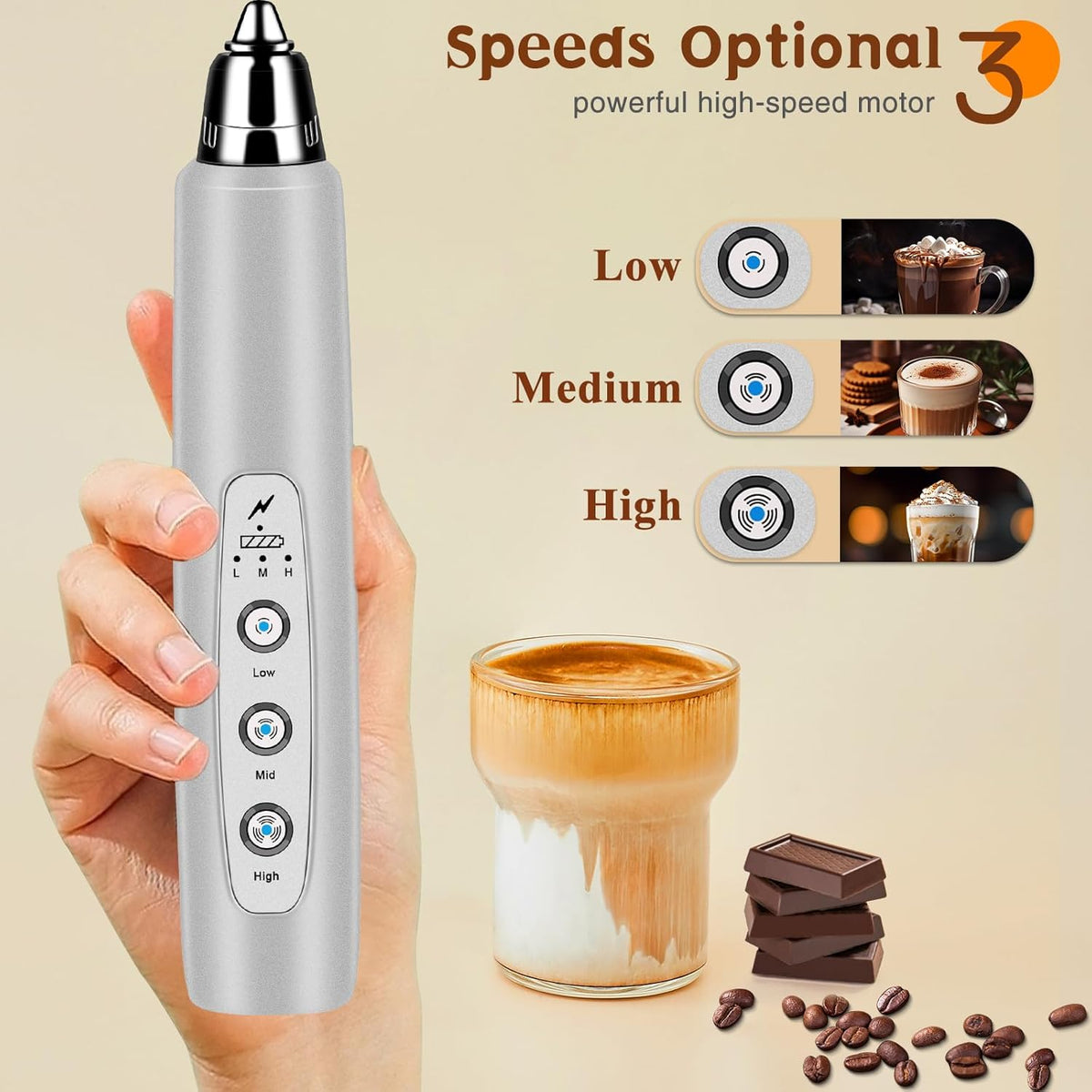 Milk Frother Handheld Rechargeable with Stand, Frother Wand Drink Mixer Electric Whisk for Coffee, Detachable With 3 Stainless Whisks, Hand Mixer for Lattes, Cappuccino, Matcha, Egg, Silver