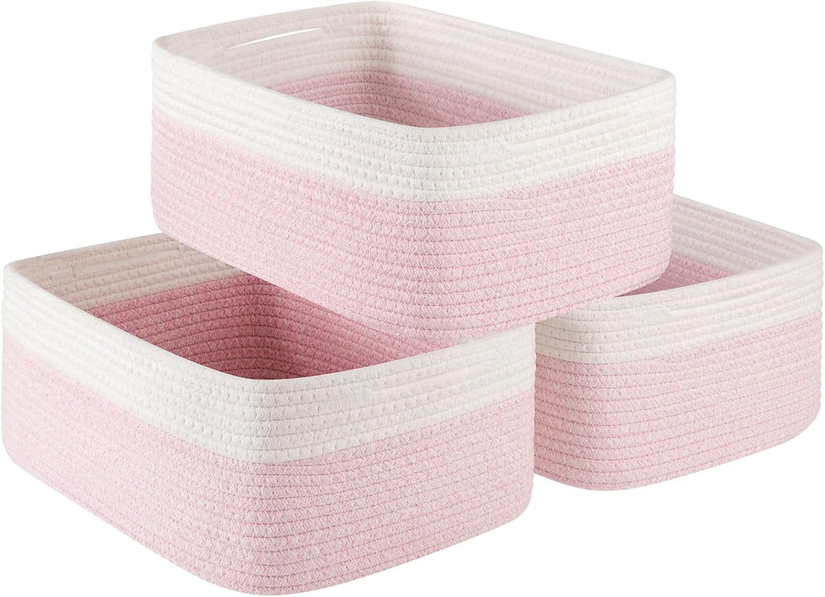 Storage Baskets for Organizing 3 Pack, Woven Baskets for Shelves, Closet Organizer Bins Empty Gift Basket Toy Storage for Toys, Books, Towels, Clothes, 15"x11.42"x6.7", Pink