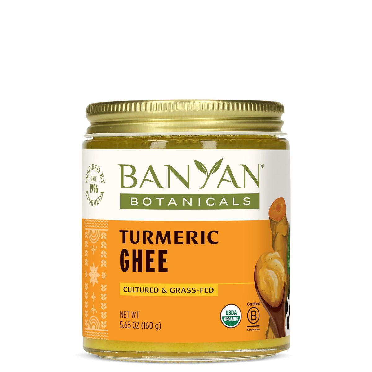 Banyan Botanicals Turmeric Ghee – Cultured Grass-Fed Organic Ghee (Clarified Butter) with Turmeric & Ginger – Oil & Butter Alternative for Cooking & Baking – 5.65 oz – Non-GMO Gluten Free Vegetarian