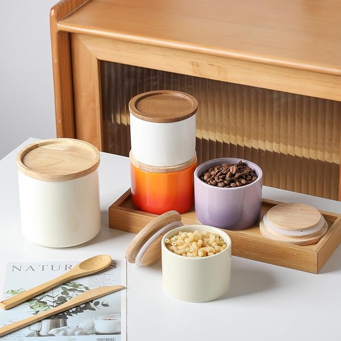 Sweejar Kitchen Canisters Ceramic Food Storage Jar, Stackable Containers with Airtight Seal Wooden Lid for Serving Ground Coffee, Tea, Sugar, Spice and More - 5 Fl Oz(Gradient Purple)
