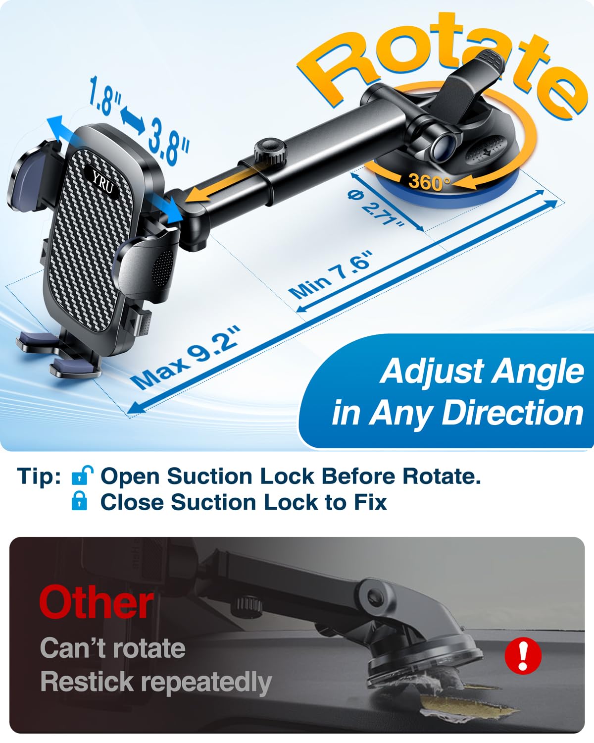 YRU True Military-Grade 360°Rotation Suction 2026 Ultimate Car Phone Holder