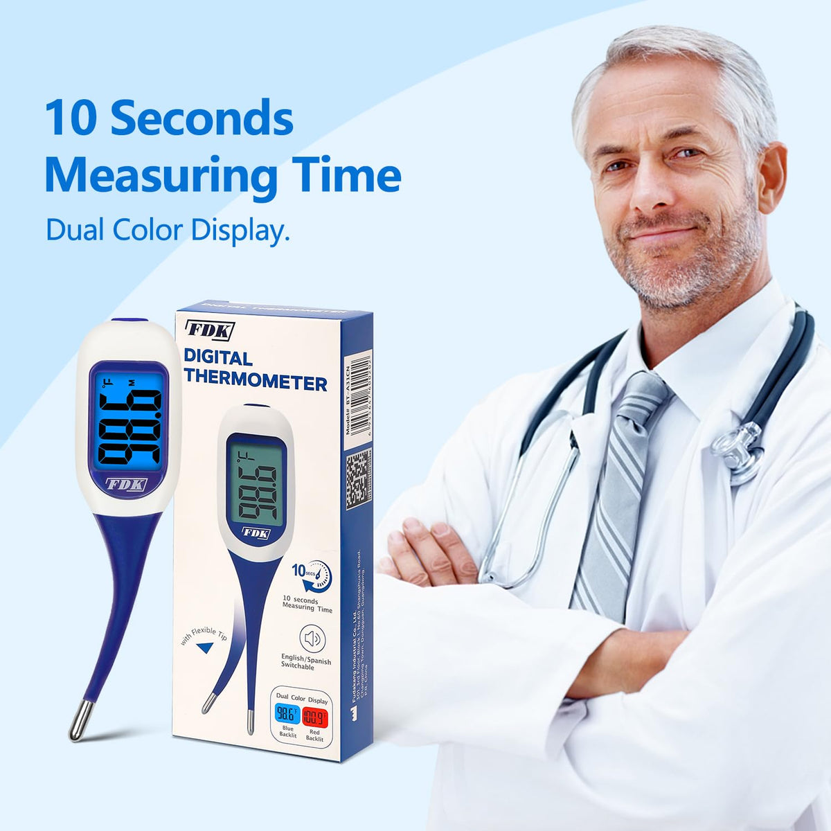 Large LCD Screen Digital Thermometer for Fever, 10 Seconds Fast & Accurate Readings, Large LCD Dual Color Backlight Flexible Tip Ideal for Adults Kids and Babies