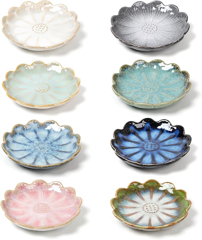 Ceramic Dipping Bowls Set of 8, 3 oz Sauce Cups, Chrysanthemum Round Small Side Dish for Sushi, Tomato, Soy Sauce, Condiment Finger Bowls