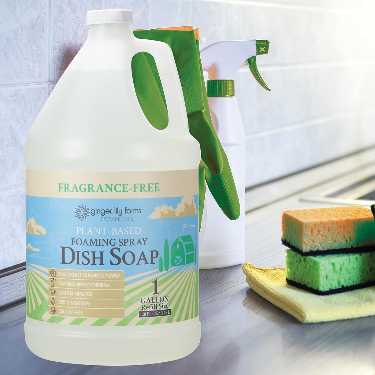 Ginger Lily Farms Botanicals Plant-Based Foaming Spray Dish Soap, Concentrated Formula with Max Grease Cleaning Power, Cruelty-Free, Fragrance-Free, 1 Gallon Refill (128 Fl Oz)