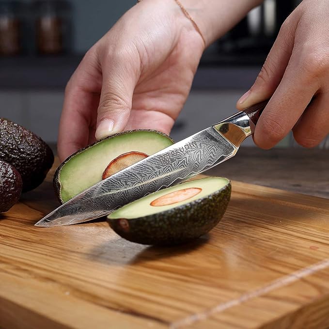 PAUDIN Kitchen Utility Knife 5 Inch, Damascus Chef Knife Japanese Kitchen Knife VG10 High Carbon Stainless Steel