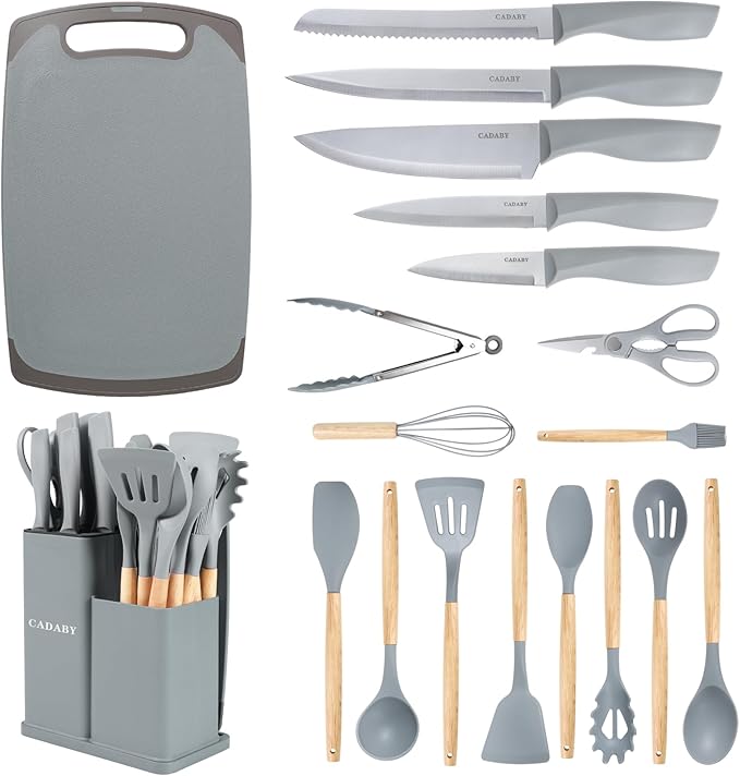 19 PCS Kitchen Cooking Utensils Set, 11 Pieces Silicone Cooking Utensils Set 6 Pieces Sharp Stainless Steel Gray Knife Set with 1 Piece Cutting Board, Ideal for Apartment