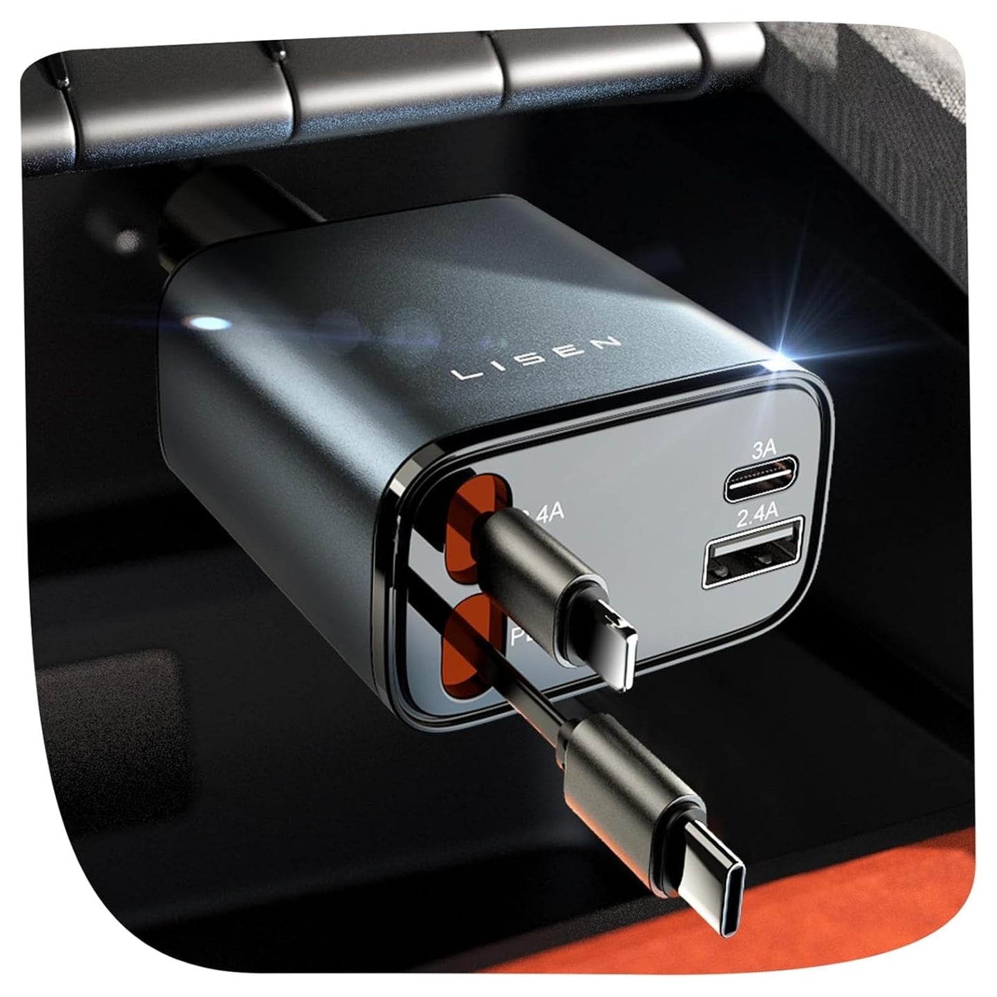 LISEN Retractable Car Charger, 84W Car Charger USB C Fast Charge, 4 in 1