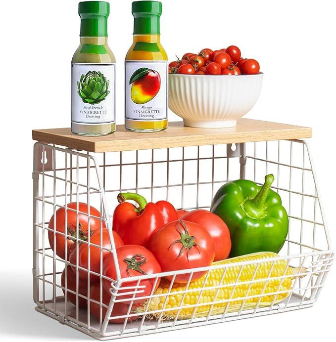 White Fruit Bowl Wire Basket Storage Pantry Fruit and Vegetable Storage Fruit Basket for Kitchen Counter Stackable Wall Mounted Hanging Basket Wire Basket with Wood Lid with Hanger Hooks