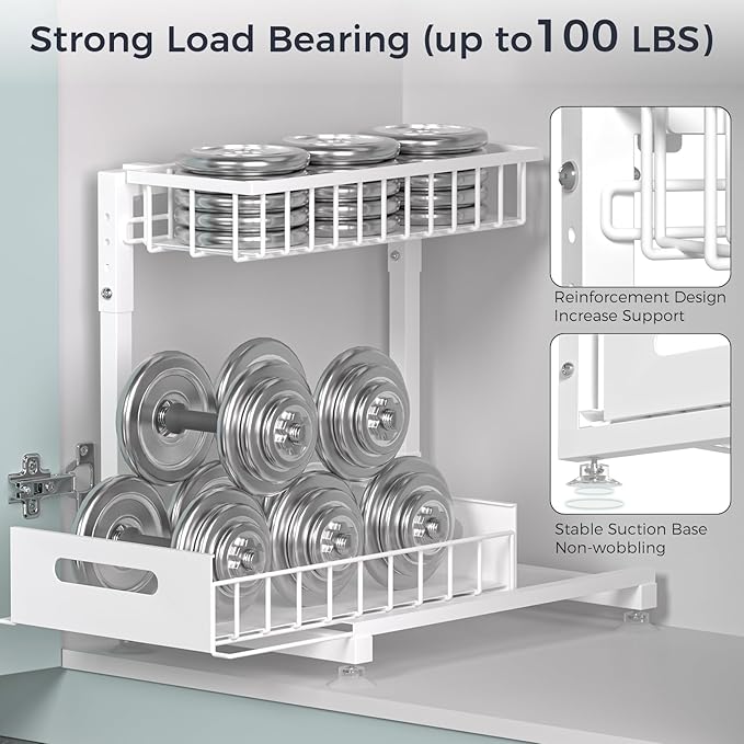 L-Shaped Under Sink Organizer, 2 Pack 2-Tier Pull Out Metal Kitchen Cabinet Organizer with Sliding Storage Drawer, Height Adjustable Heavy Duty Under Bathroom Sink Storage for Cleaning Supplies