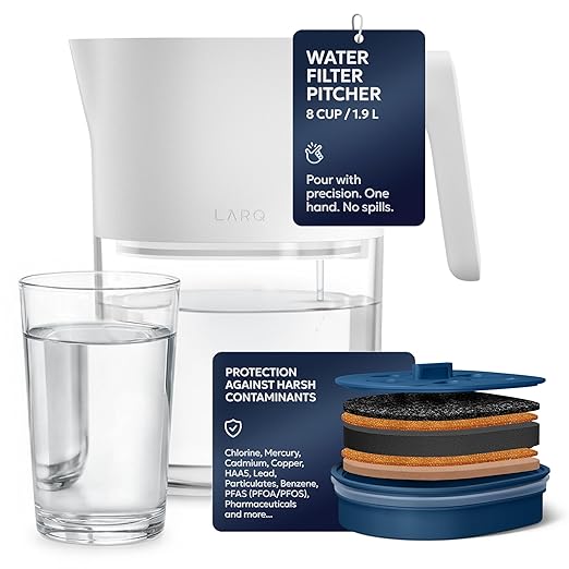 LARQ Water Filter Pitcher 1.9L (8-Cup) – Nano Zero Filter Removes Chlorine, Lead, PFAS & More – Pure White