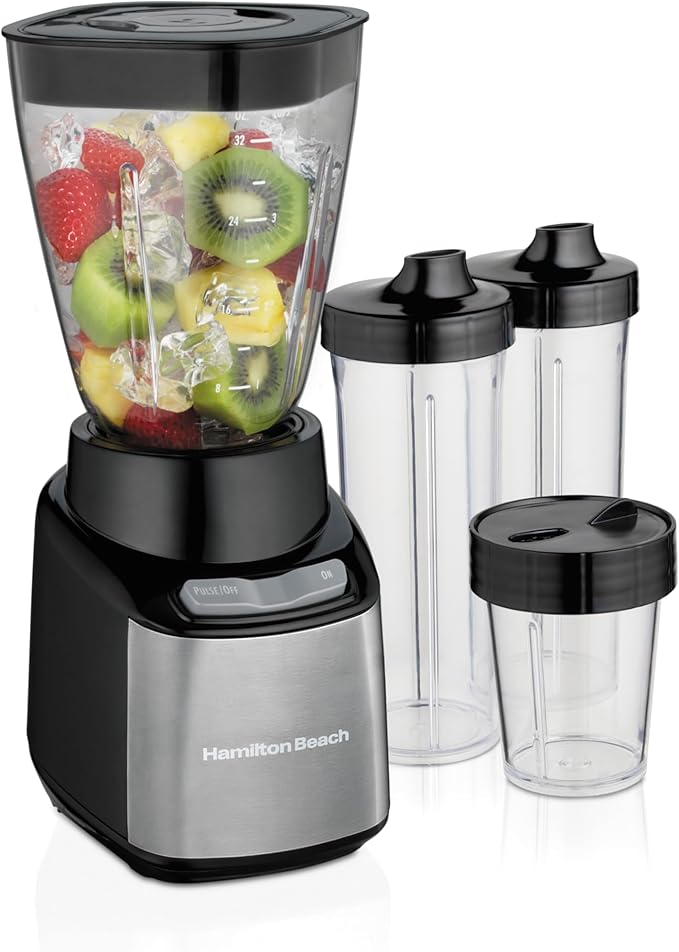 Hamilton Beach MultiBlend Smoothie Blender with 4 Shatterproof BPA Free Jars and Lids; Large 32oz Jar, 8oz Grinder for Nuts & Spices, and 2 Portable Travel Cups, 650 Watts, Black and Stainless (52400)
