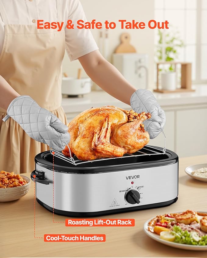 VEVOR Roaster Oven, 20QT Electric Roasting Pan, 150-450℉ Adjustable Temperature Fast-Cooking Turkey Roaster, Turkey Oven with Self-Basting Lid, Defrost & Warm Function for Home, Fits 24lb Turkey