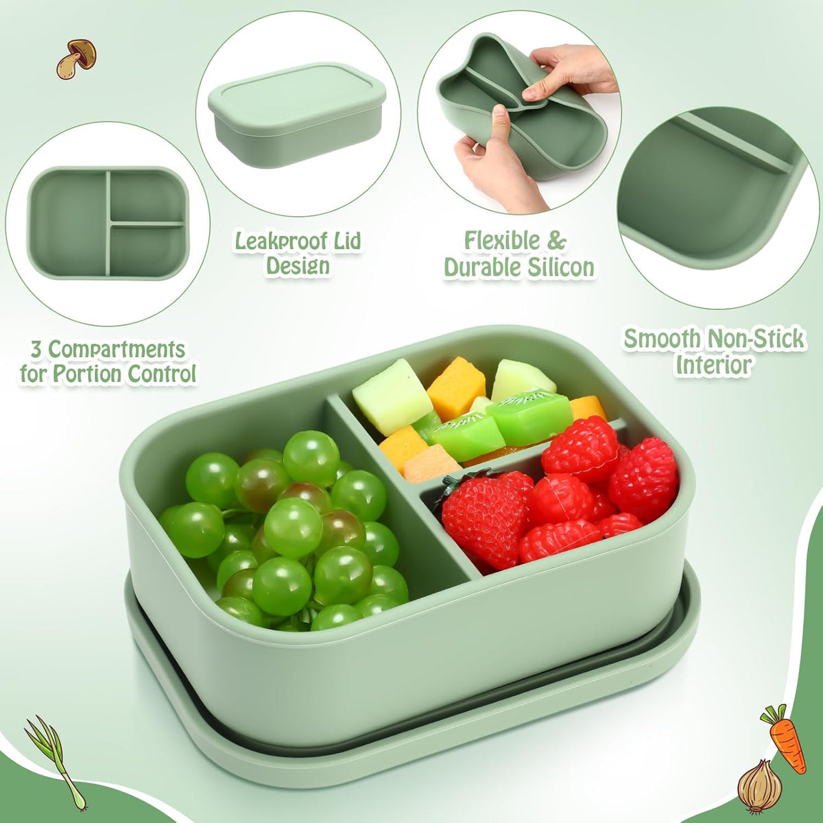 Honeydak 4 Pcs Silicone Bento Lunch Box 3 Compartment Reusable Leakproof Silicone Bento Lunch Container for Adults Microwave Dishwasher Freezer Safe(Olive Green)