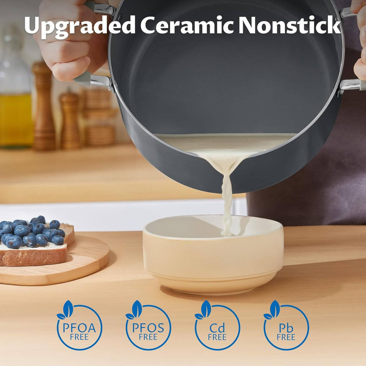 6 Quart Pot with Lid, BEZIA Ceramic Nonstick Stock Pot with Lid, Induction Ready, Large Cooking Pot with Silicone Handle, Compatible with All Cooktops, Dishwasher Safe