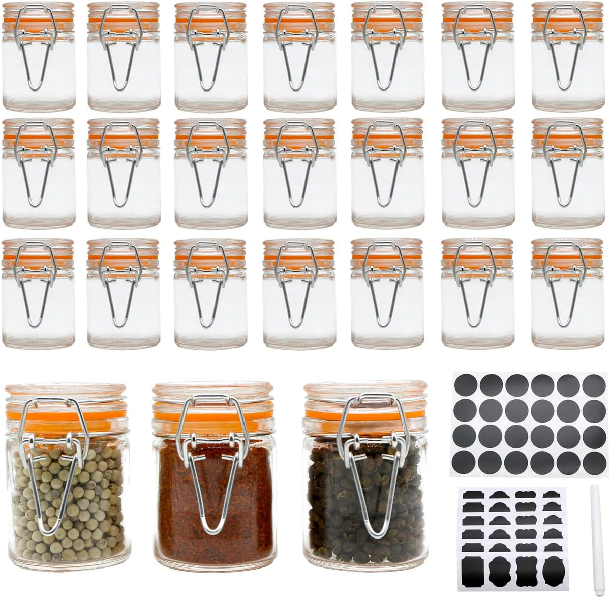 1.7 oz Mini Glass Spice Bottles, 24 Pack Small Glass Jars with Airtight Lid and Leak Proof Rubber Gasket, Empty Spice Containers with Labels for Home and Kitchen