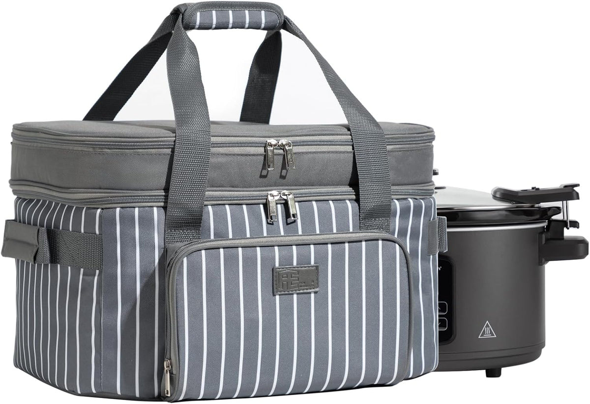Fun Elements Double Layer Slow Cooker Carrier Bag for 6-8 Quart Oval Crock-Pot, Insulated Crock Pot Travel Bag with Support Pad and Adjustable Straps, Top Zip Compartment and Front Pocket for Utensils