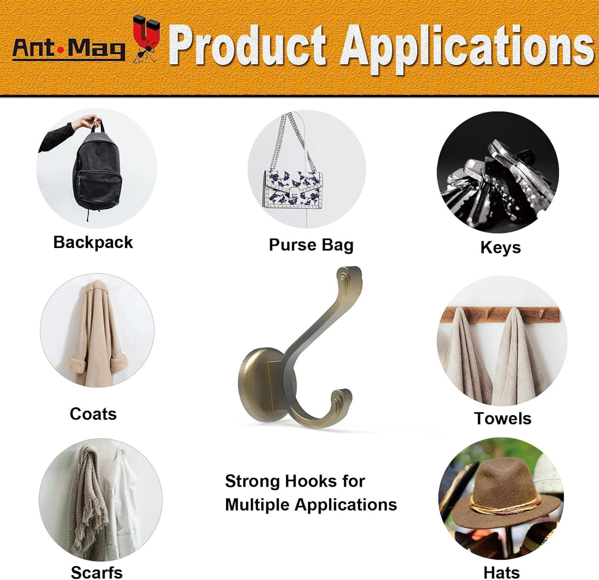 Ant Mag Magnetic Hooks Heavy Duty 141lbs Neodymium Magnet Metal Wall Hooks for Hanging Coats Robes Backpacks Bags Hats Keys Mugs Cups Towels Bronze