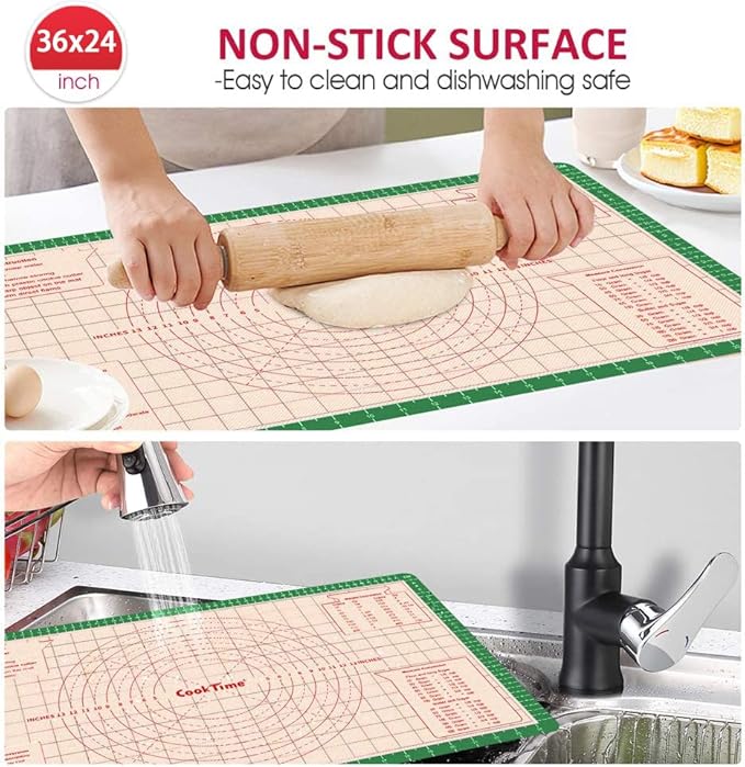 Silicone Pastry Mat 36 x 24 Inch - Larger Silicone Baking Mat for Rolling Dough,Non Slip Dough Sheet with Measurement,Perfect for Making Pie,Pizza(Green)