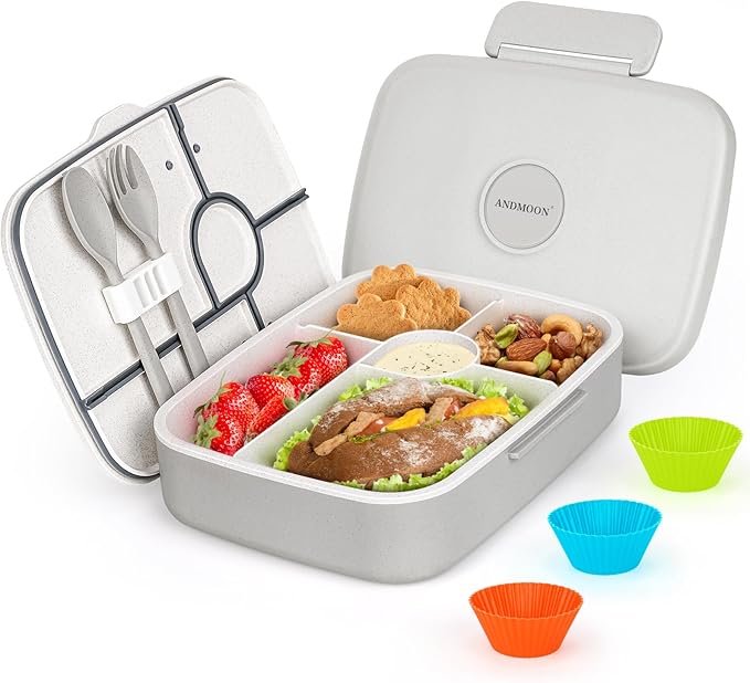 Bento Box Adult Lunch Box, Kid Lunch Box Contaiers for 5 Compartmets, Lunch Containers with 3 Silicone Baking Cups, Leakproof, Dishwasher and Microwave Safe, BPA-Free (Grey)