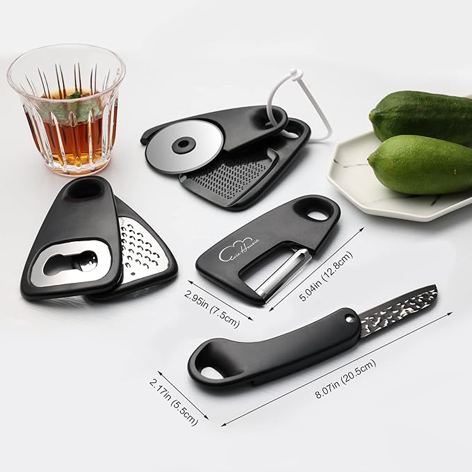 Kitchen Gadgets Set 6 Piece, Space Saving Kitchen Utensils Stainless Steel Accessories Cheese Grater, Bottle Opener, Pizza Cutter, Vegetable Peeler, Paring Knife, Garlic Grinder, Burlap Bag Gift(BLK)