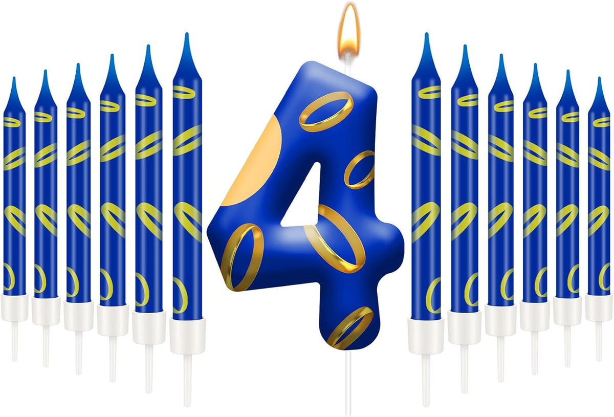13PCS Birthday Cake Candles Set - Blue and Golden Ring Number Candles with Vibrant Designs for Boys & Girls, Theme Birthday Party Decorations, Cake Toppers for Theme Parties(Number 4)