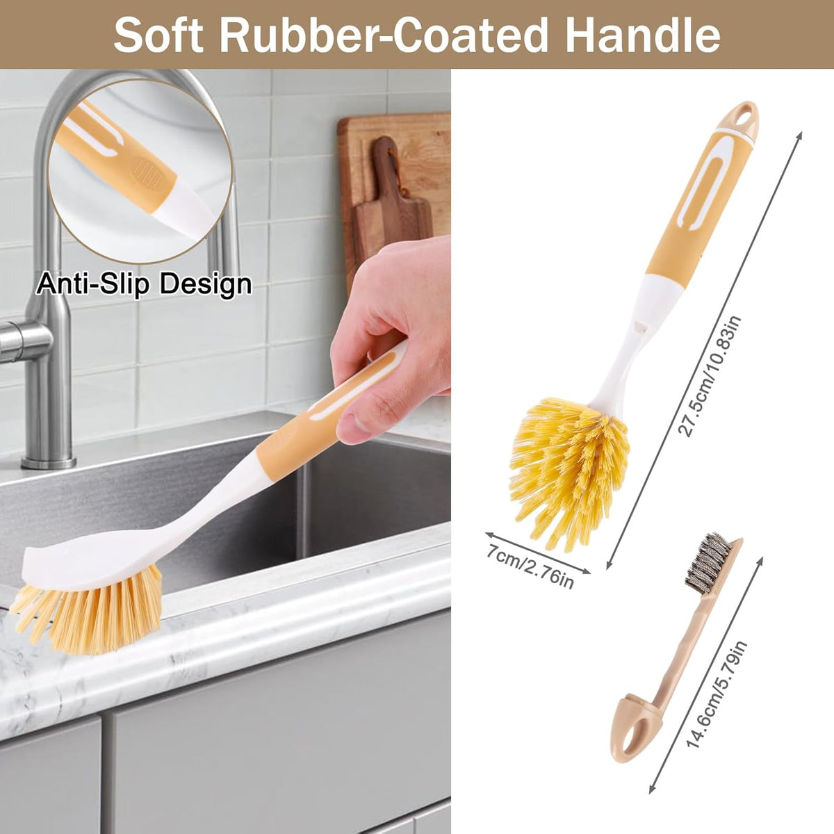 Dish Brush with Detachable Small Steel Wire Brush and Pan Scraper, Home Kitchen Scrub Brushes with Long Handle for Household Cleaning Dishes, Pots, Stovetop, Grill, Sink Scrubber (2-Pack)