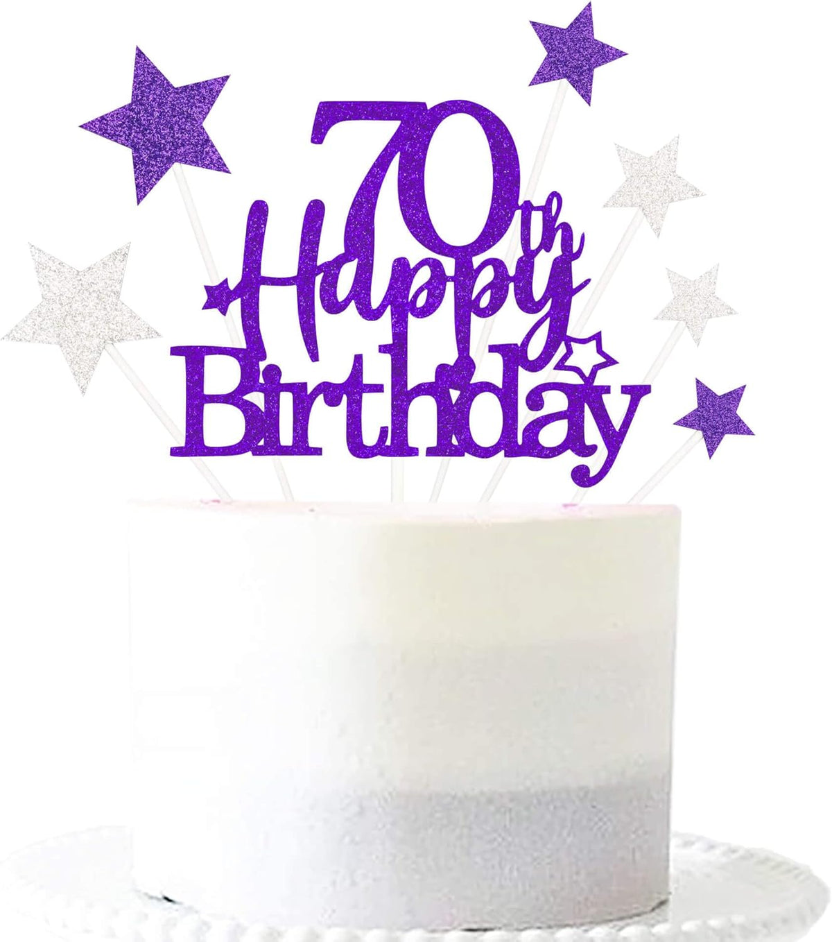 Glittery 70th Happy Birthday Cake Topper with Star,Personalised 70 Birthday Cake Toppers Party Decorations Party Supplies for Men Women Purple Silver