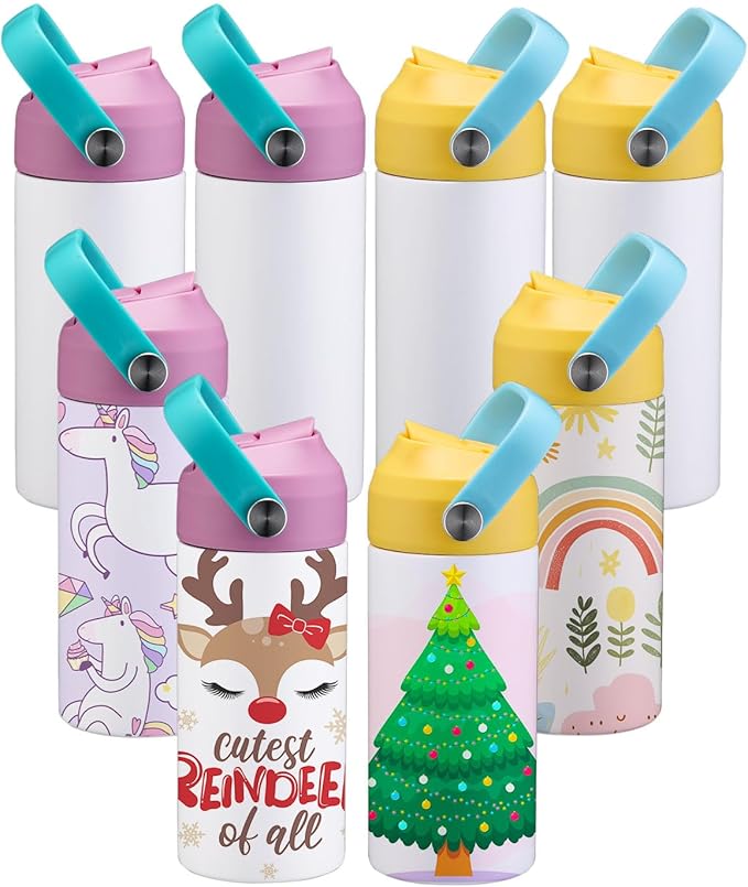 OFFNOVA 12oz Kids Sublimation Tumbler, 8 Pack Stainless Steel Sippy Cup Blank, Vacuum Insulated Water Bottle with Leak-Proof Straw Lid
