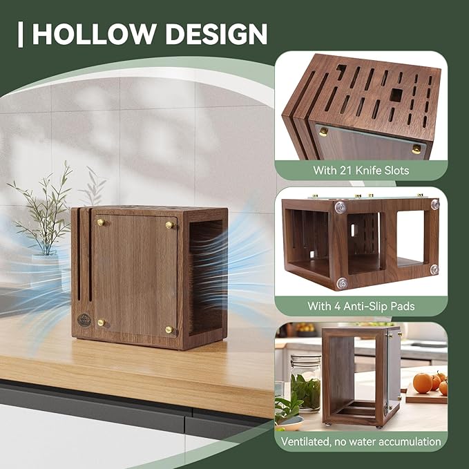 Magnetic Knife Block with Glass Cover, Universal Walnut Wood Knife Holder without Knives for Safe Knife Storage, Large Capacity Knife Storage Organizer for Kitchen Counter Top