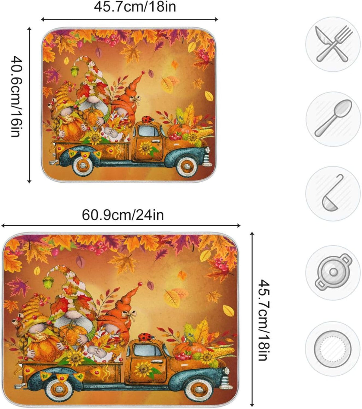 Thanksgiving Gnome Truck Autumn Dish Drying Mat for Kitchen Counter Absorbent Microfiber Drying Pad, Large 18x24 in, Maple Leaves Reversible Drainer Mats