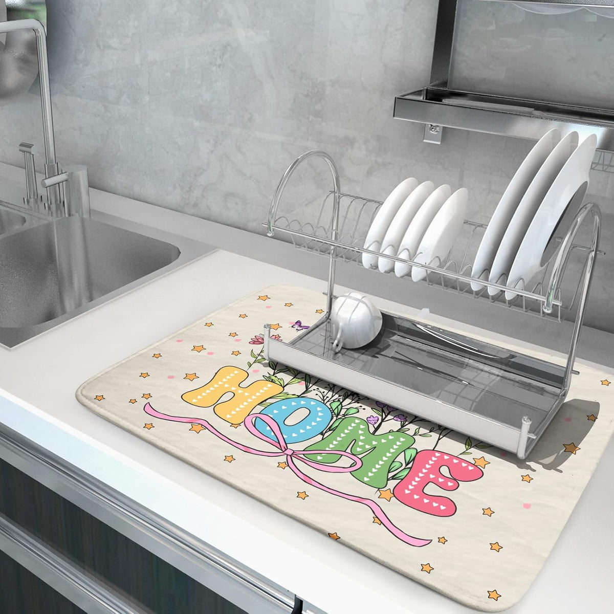 Colorful Home Dish Drying Mat Cute Home Microfiber Absorbent Kitchen Counter Pad 18 X 24 in for Dining Coffee Bar Decor