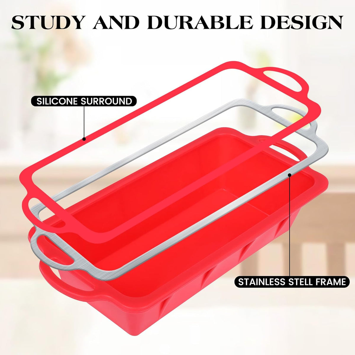 Silicone Bread Loaf Pan - Nonstick Large 10 x 4.8 inch Loaf Pans with Metal Reinforced Frame (Red)