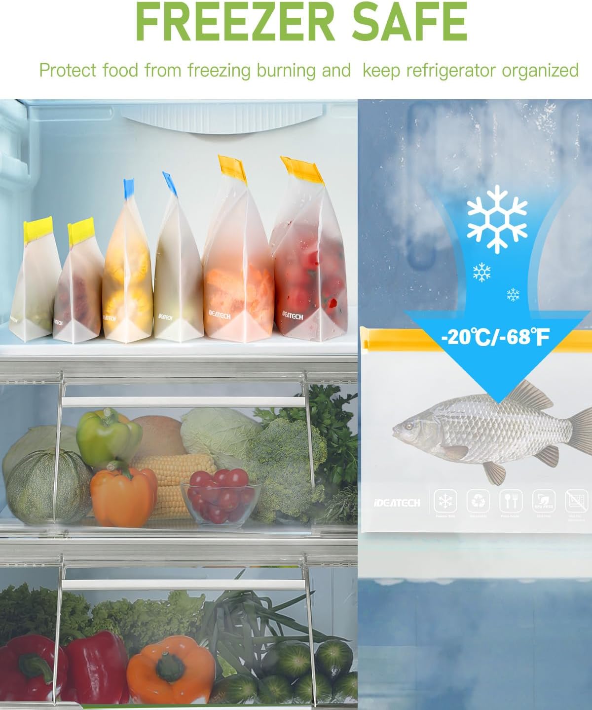 24Pack Reusable Food Freezer Bags Dishwasher Safe, Leakproof Storage Contaizers, Reusable Bags Various Size for Food Storage, BPA Free Resealable Baggies(8Gallon 8Quart 8Snack,Colored)