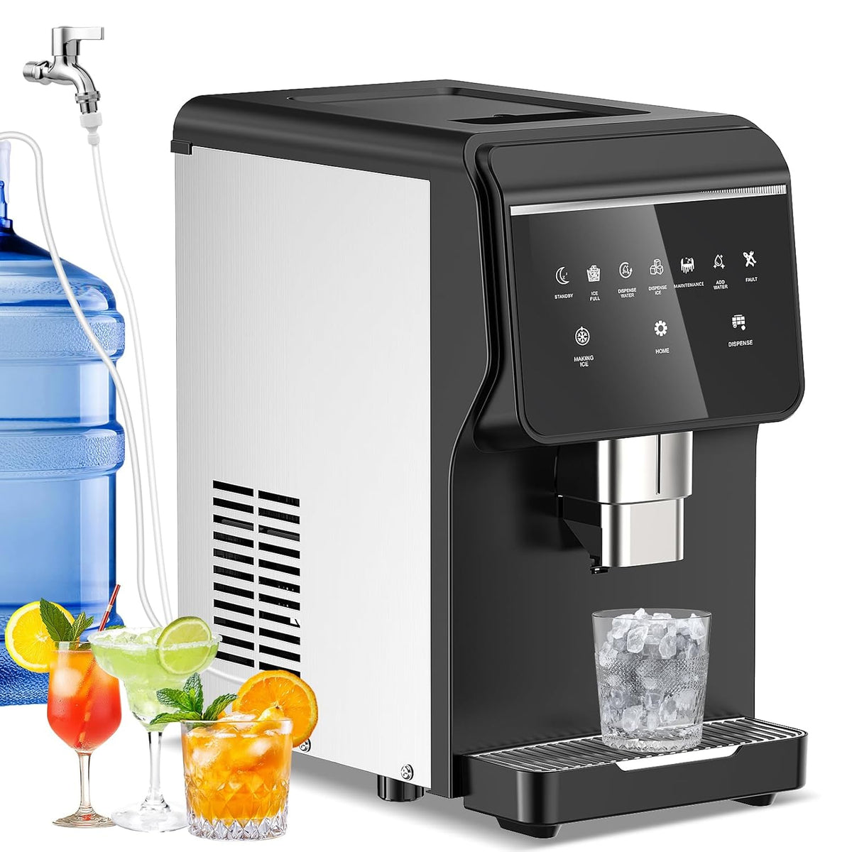 Nugget Ice Maker Countertop, 50LBS/Day with 5LBS Storage Bin, Water Dispenser Countertop Ice Maker Machine Stainless Steel, Soft Chewable Pellet Ice Machine for Home Bar Kitchen Office, Self-Cleaning