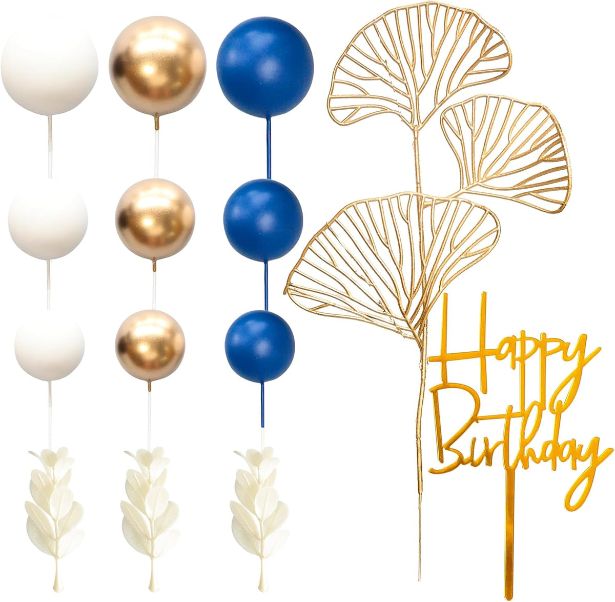 Gyufise 57Pcs Balls Cake Topper Boho Grass Cake topper Pearl Balls Acrylic Happy Birthday Cake Decorations for Wedding Baby Shower Birthday Boho Themed Party Supplies Royal Blue