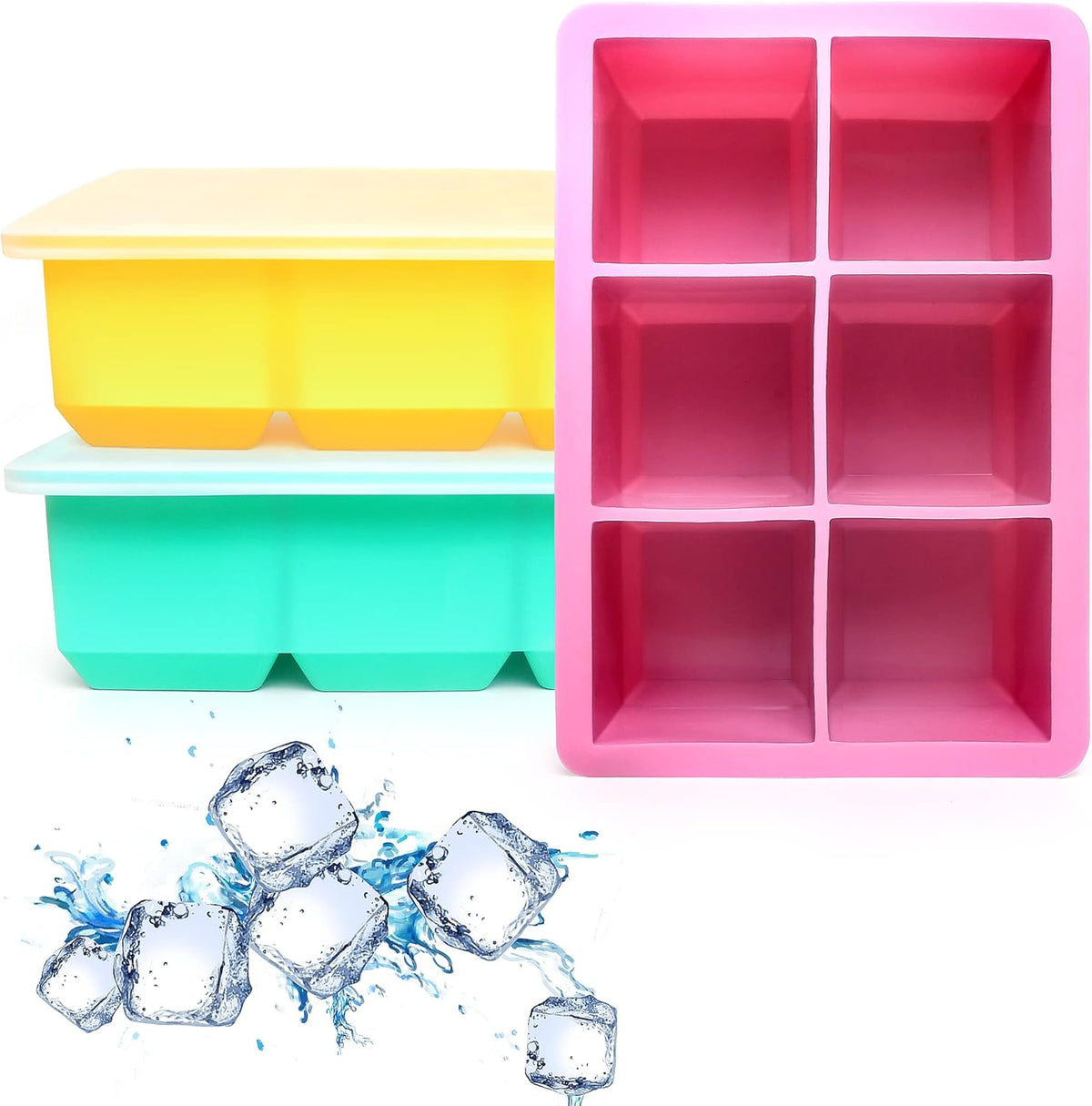 Silicone Ice Cube Trays 3 Pack - Large Size Silicone Ice Cube Molds with Leak Proof Removable Lid Square Ice Cube Tray And BPA Free for Cocktail,Whiskey, Stackable Flexible Ice