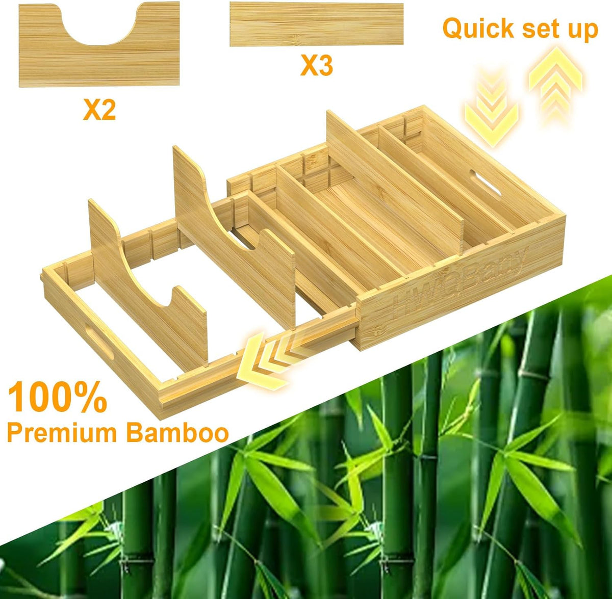 Pots and Pans Organizer, Bamboo Expandable Cutting Board Organizers, Adjustable Pot Lids Organizer for Cabinet with 5 Adjustable Dividers for Pots, Pans, Baking Sheets, Cutting Boards, Nature