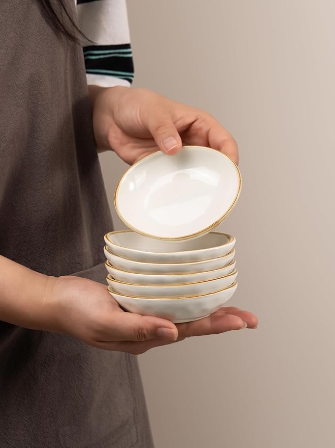 famiware Ocean Soy Sauce Dishes of 6, Oval Dipping Sauce Cups/Bowls/Dishes for Kitchen, 2.1oz Ceramic Small Bowls for Side Dish, Appetizers, Snacks, and Sushi, Reactive Glaze, Cappuccino White