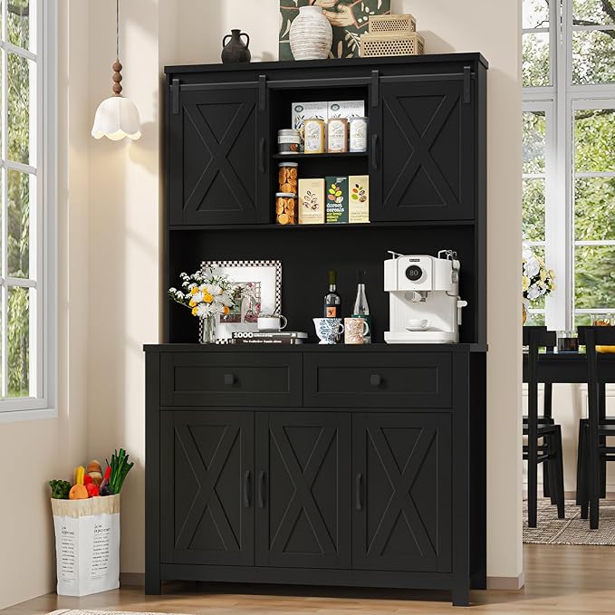 67.7 Inch Farmhouse Pantry Storage Cabinet with Sliding Barn Doors, 2 Drawer Farmhouse Coffee Cabinet with Adjustable Shelf, Side Board with Buffet Cupboard for Livingroom Kitchen, Black