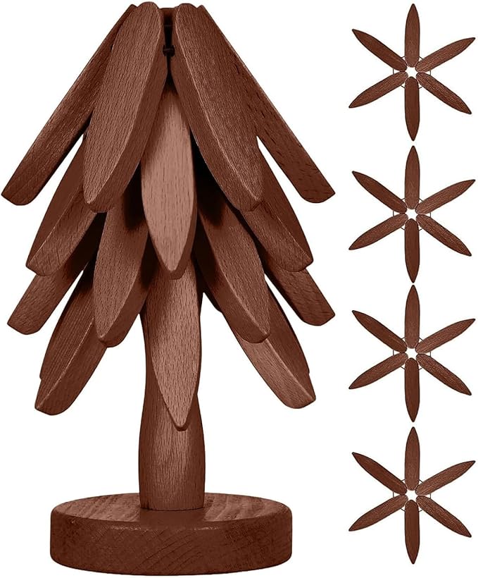 Wooden Cup Coaster Set，Tree Shape Trivet Set,Tree Coasters- 4 Wooden Trivets + 1 Stand stored for hot Dish/Pot/Bowl/teapot/hot Pot Set (Brown)