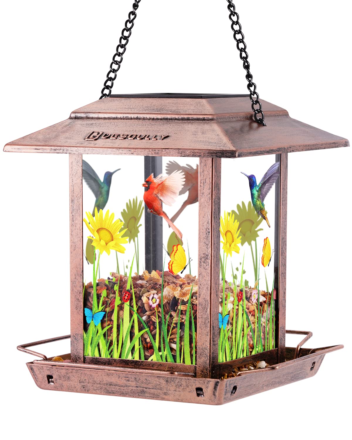 DesGully Solar Bird Feeders for Outdoors - 2.5 LBs Metal Wild Large & Small Bird Feeder for Outside Hanging, Gift Ideas for Avian Enthusiast Garden Yard Seeds (Chew-Proof, Weather Resistance)