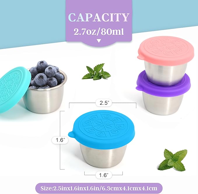 6x2.7 Oz Salad Dressing Container to Go,Handy Leakproof Stainless Steel Meal Prep Containers Reusable,Sauce Containers for Lunch Box, Picnics, Travel, Office and Kitchen Storage