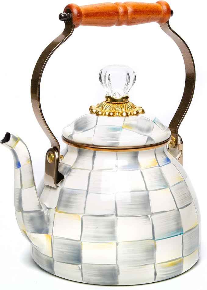 MACKENZIE-CHILDS Enamel Tea Kettle, Stylish Tea Kettle for Stovetop, Grey-and-White Sterling Check, 2 Quarts
