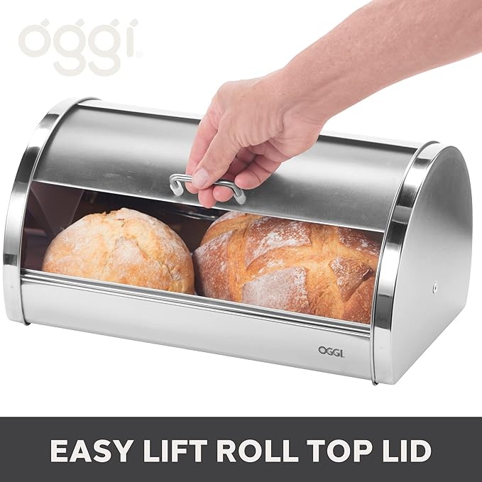 Oggi Stainless Steel Roll Top Bread Box for Kitchen Countertop with Frosted Plexilass Lid - Fits Multiple Loaves of Bread and Other Freshly Baked Goods Including Cookies, Bagels, Muffins