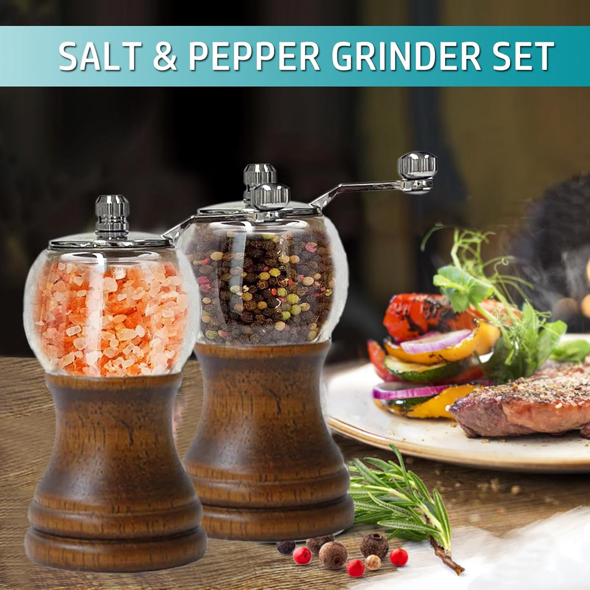 Pepper Mill Set, Manual Pepper Mills, Classical Hand Shake Wooden Pepper Grinder Set or Salt Grinder, Salt Mills Ceramic Blades Metal Handle, Enjoy Fresh Ground spices (Antique 1pcs-5in)
