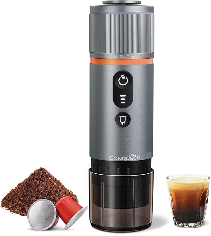 CONQUECO Portable Espresso Machine Travel: 12v Car Coffee Maker for Camping - Small Electric - 2.5 Mins Heating - 8 Cups Espresso for One Charge