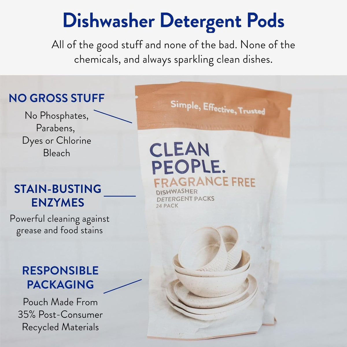 The Clean People Dishwasher Pods - Cuts Grease & Rinses Sparkling Clean - Residue-Free - Phosphate Free Dishwashing Pods - Fragrance Free, 30 Pack