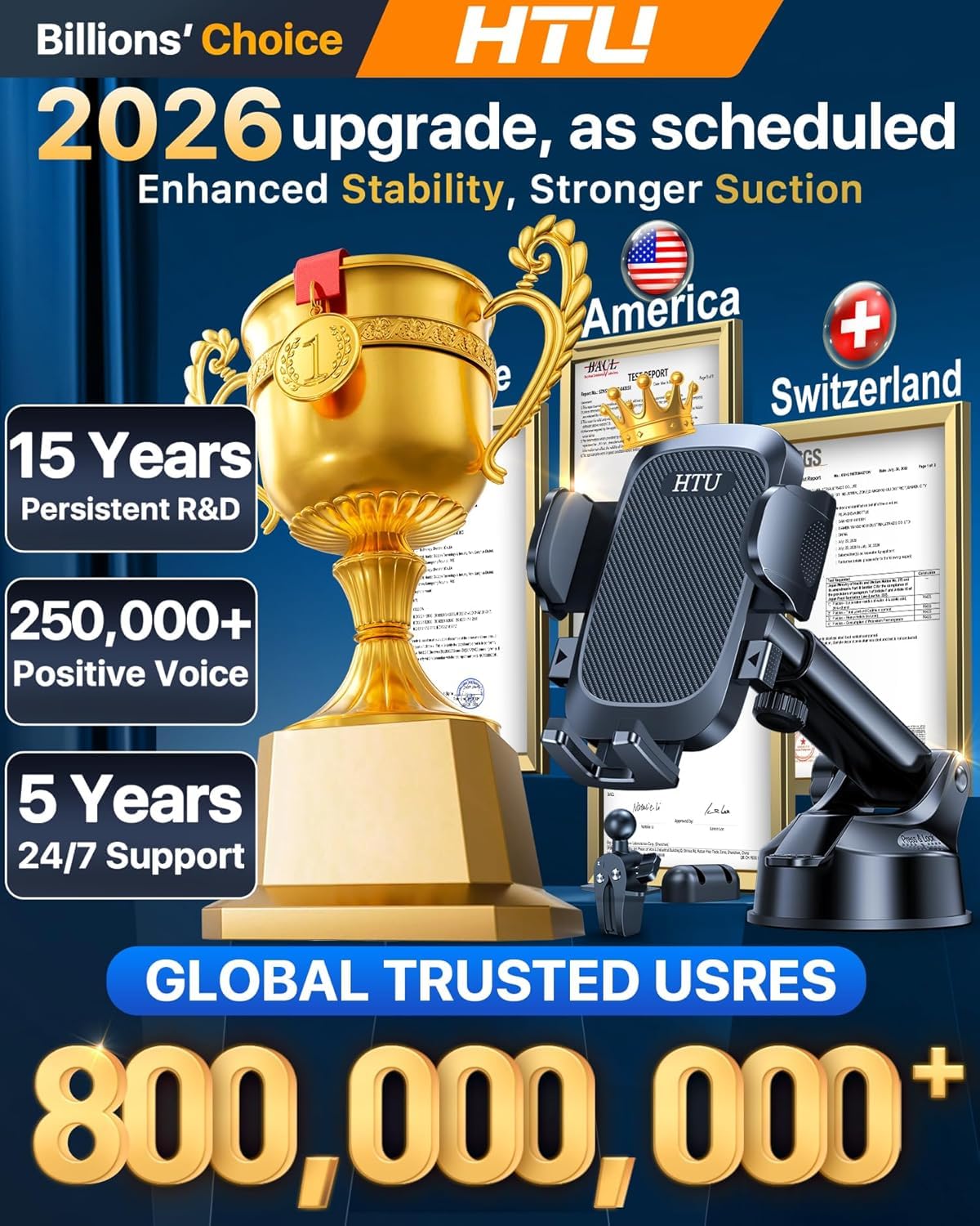 HTU Car Phone Holder【2026 Upgraded 100+LBS Suction & Safety Cert】 Cell Phone Car Mount for Truck Heavy Duty Phone Holder for Dashboard/Windshield/Vent for iPhone 17 16 Pro Max, Dark Black